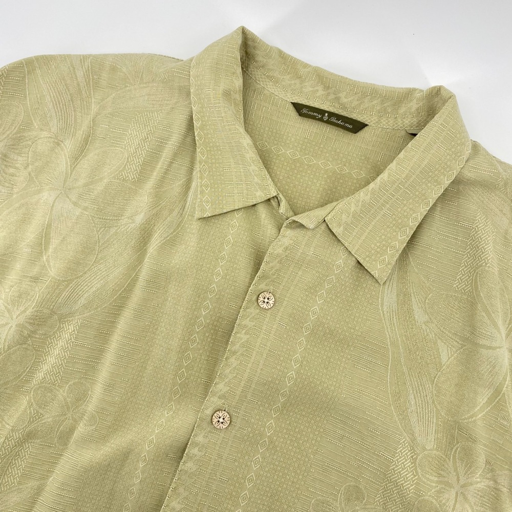 Tommy Bahama Camp Shirt Mens XL Green 100% Silk Jacquard Floral Short Sleeve